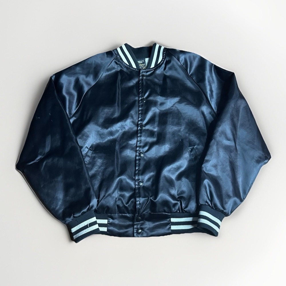 Vintage Americas Finest Satin Bomber Jacket Mens Large Black White Lined Raiders